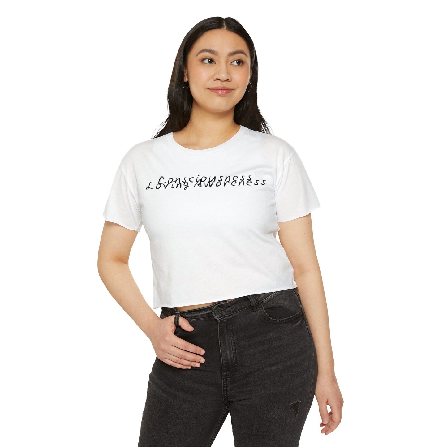 Consciousness & Loving Awareness Festival Crop Top w/ Black Letters